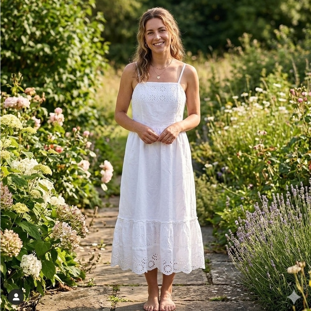 Japna White Eyelet Embroidered Midi Sundress Tiered Hem Lined Empire Waist Sz L
